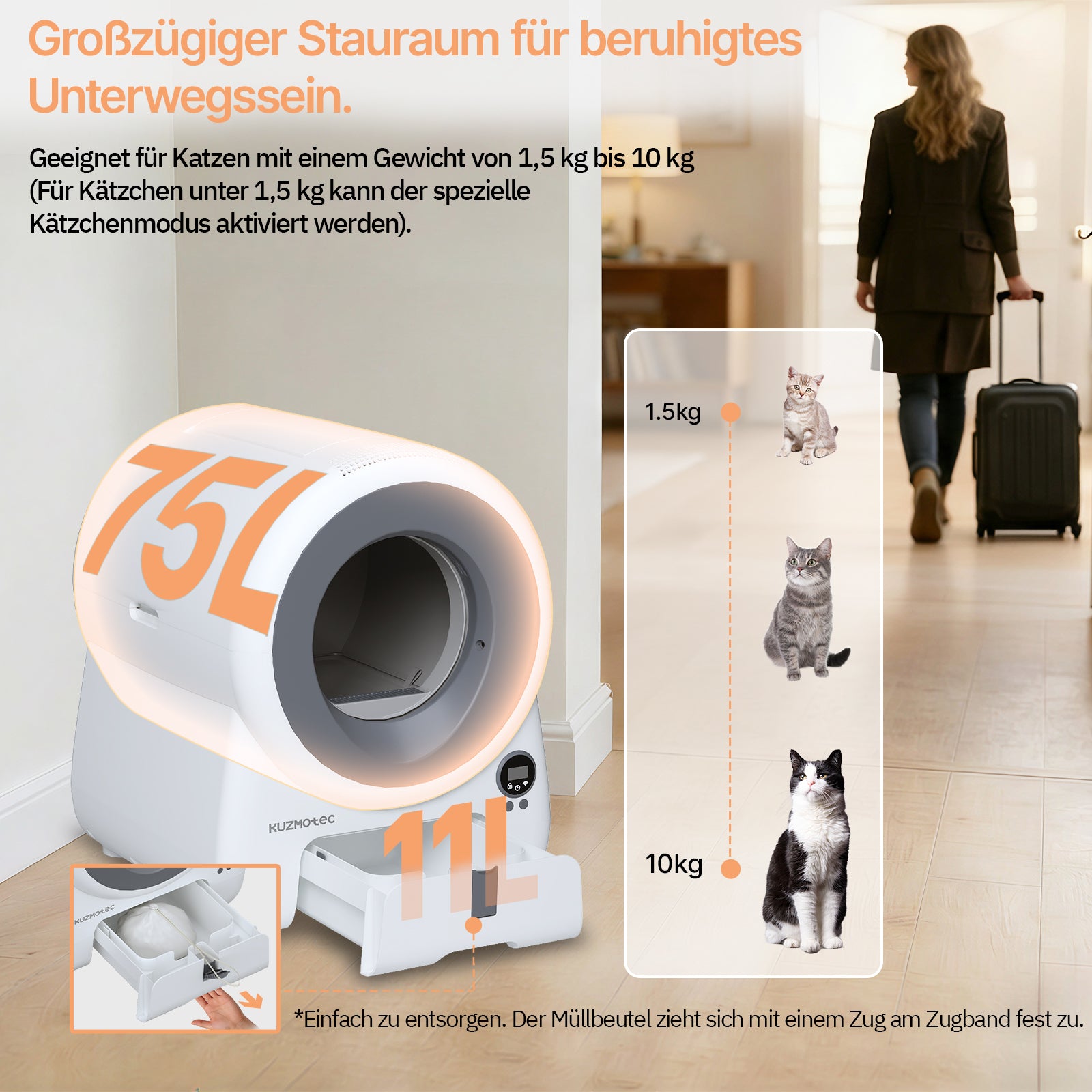 Smart Litter Box cozyclean 1 Gray Side View kuzmotec Going out