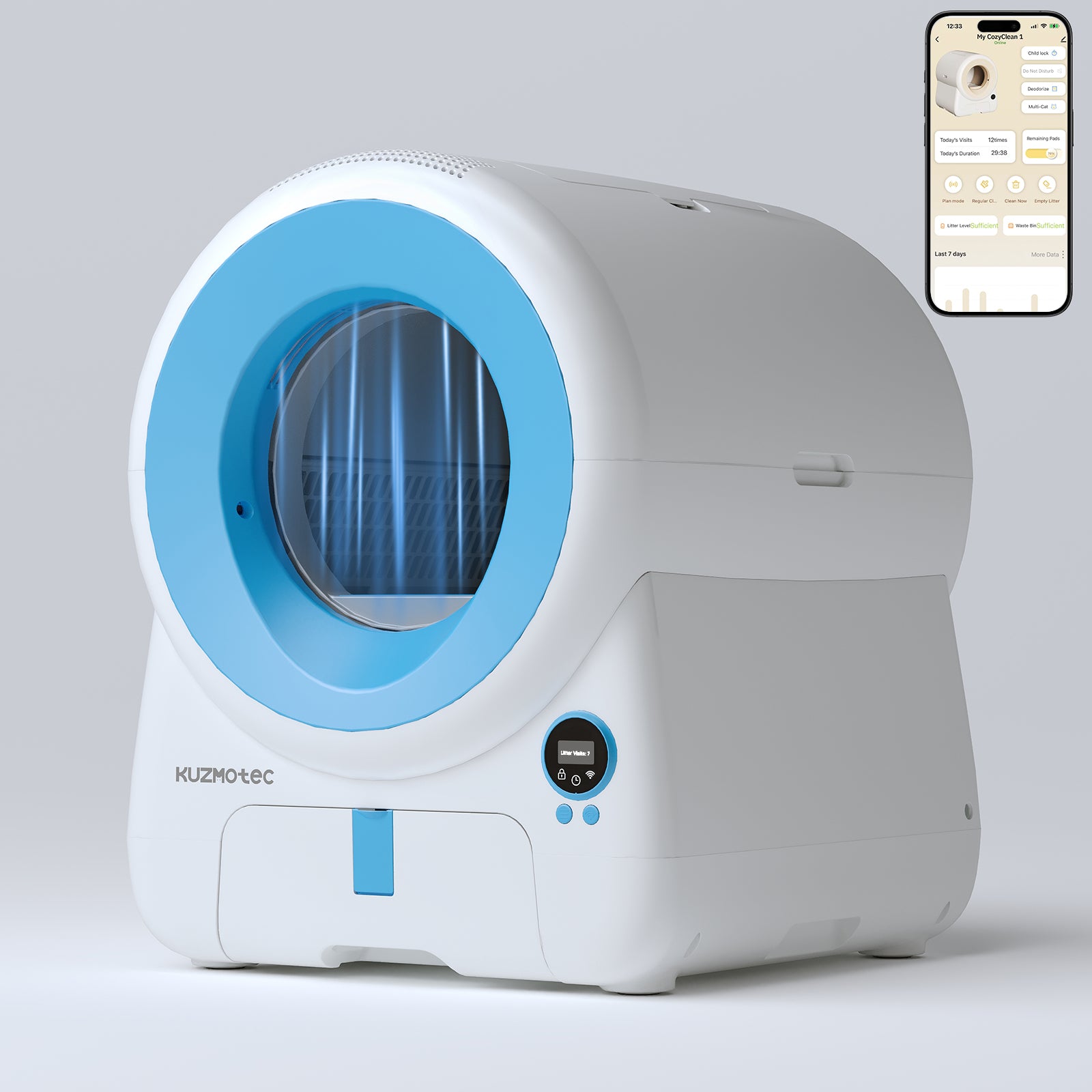 Smart Litter Box cozyclean 1 blue Side View kuzmotec