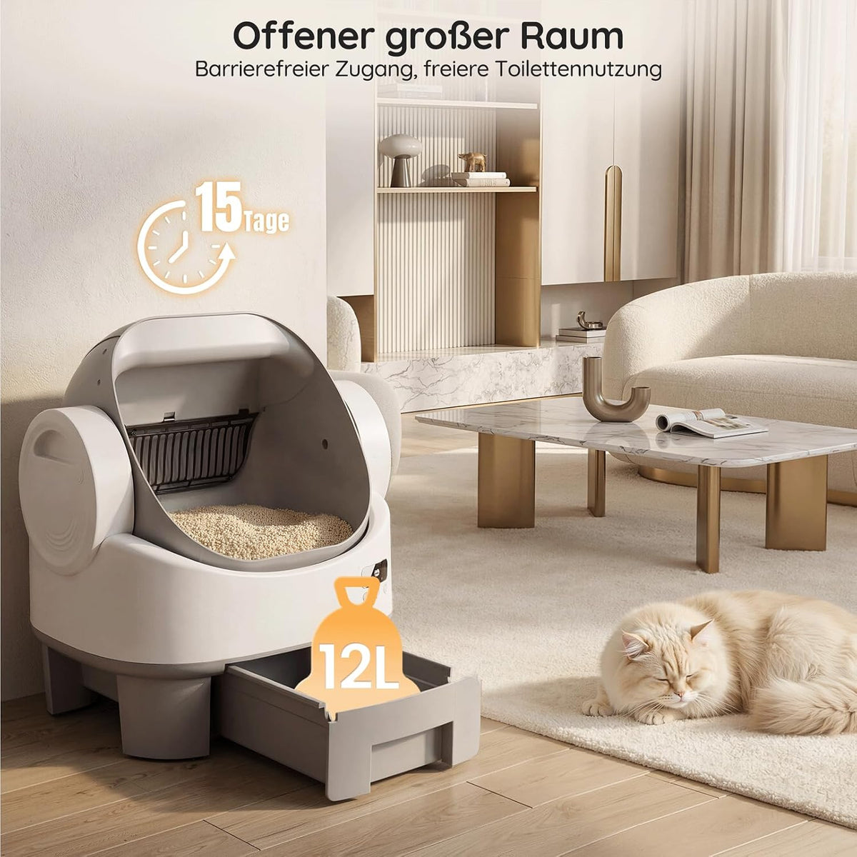 Halboffene selbstreinigende Katzentoilette mit App & Streuschutz