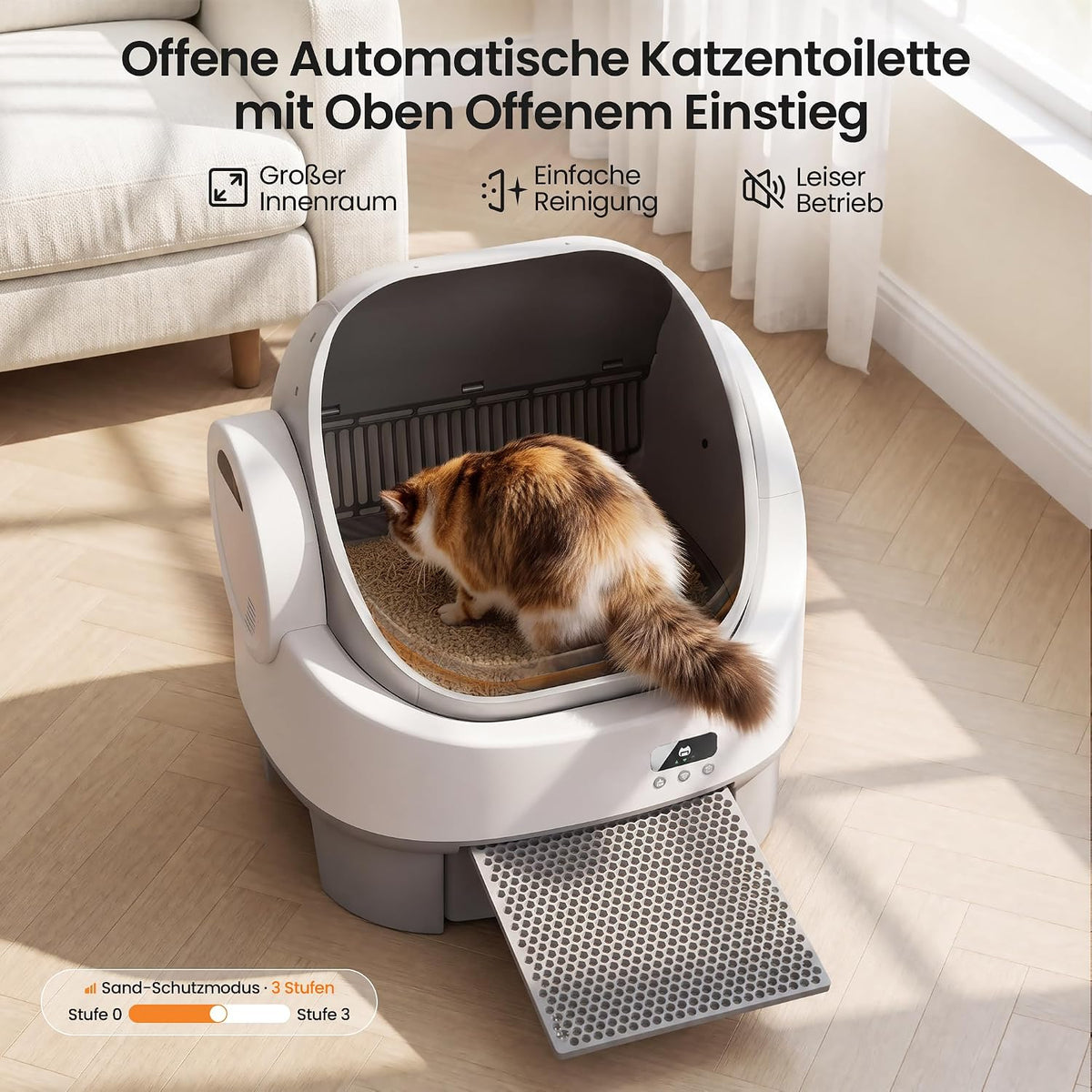 Halboffene selbstreinigende Katzentoilette mit App & Streuschutz