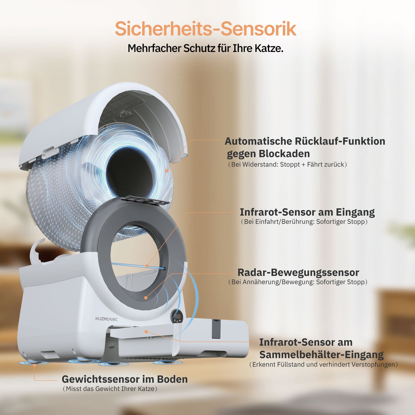 Smart Litter Box cozyclean 1 Gray Side View kuzmotec Safety