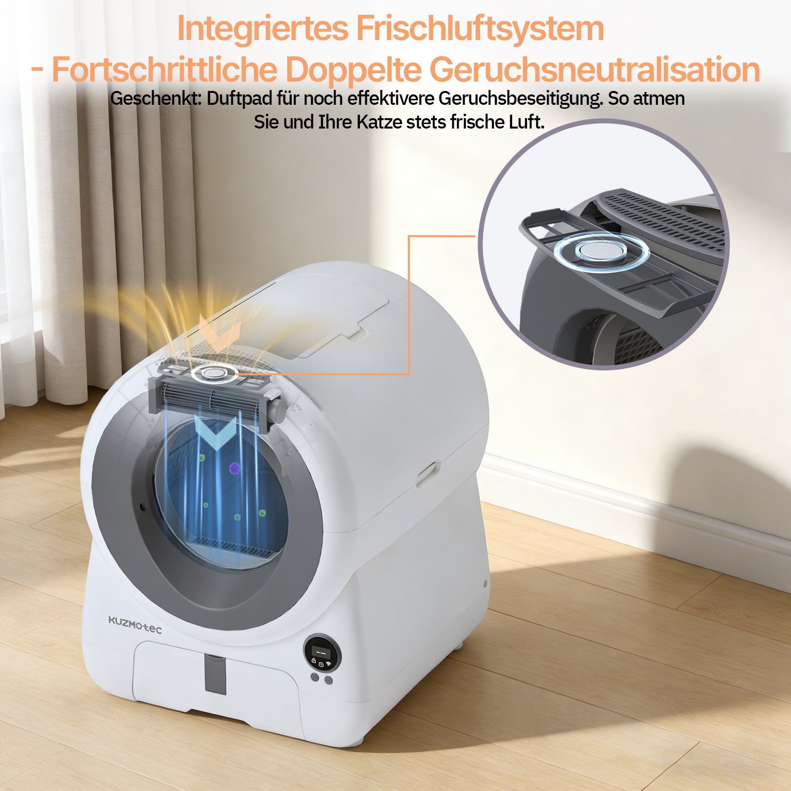 Smart Litter Box cozyclean 1 Gray Side View kuzmotec Air Curtain