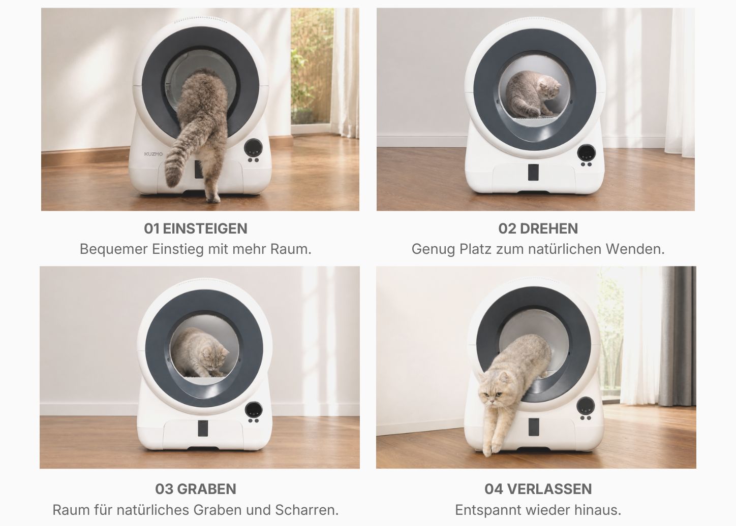 Charakat Bau automatische Katzentoilette mit Katze beim Einsteigen, Drehen, Graben und Verlassen – mit großzügigem nutzbarem Innenraum für natürliches Katzenverhalten.