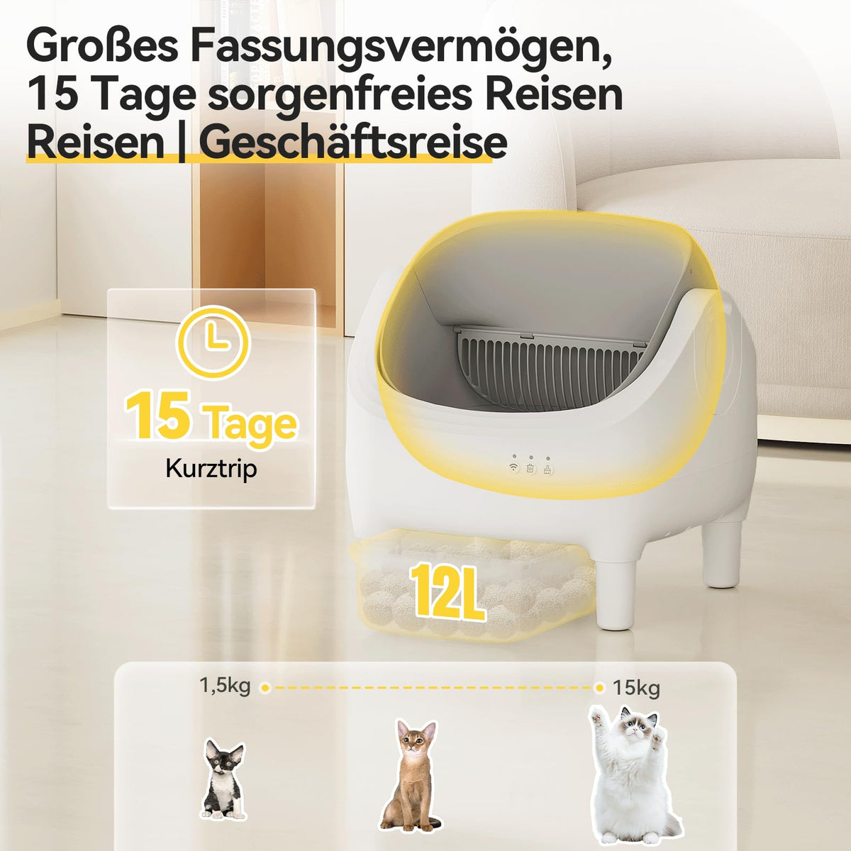 Darstellung des 12-Liter-Abfallbehälters und des Katzengewichtsbereichs