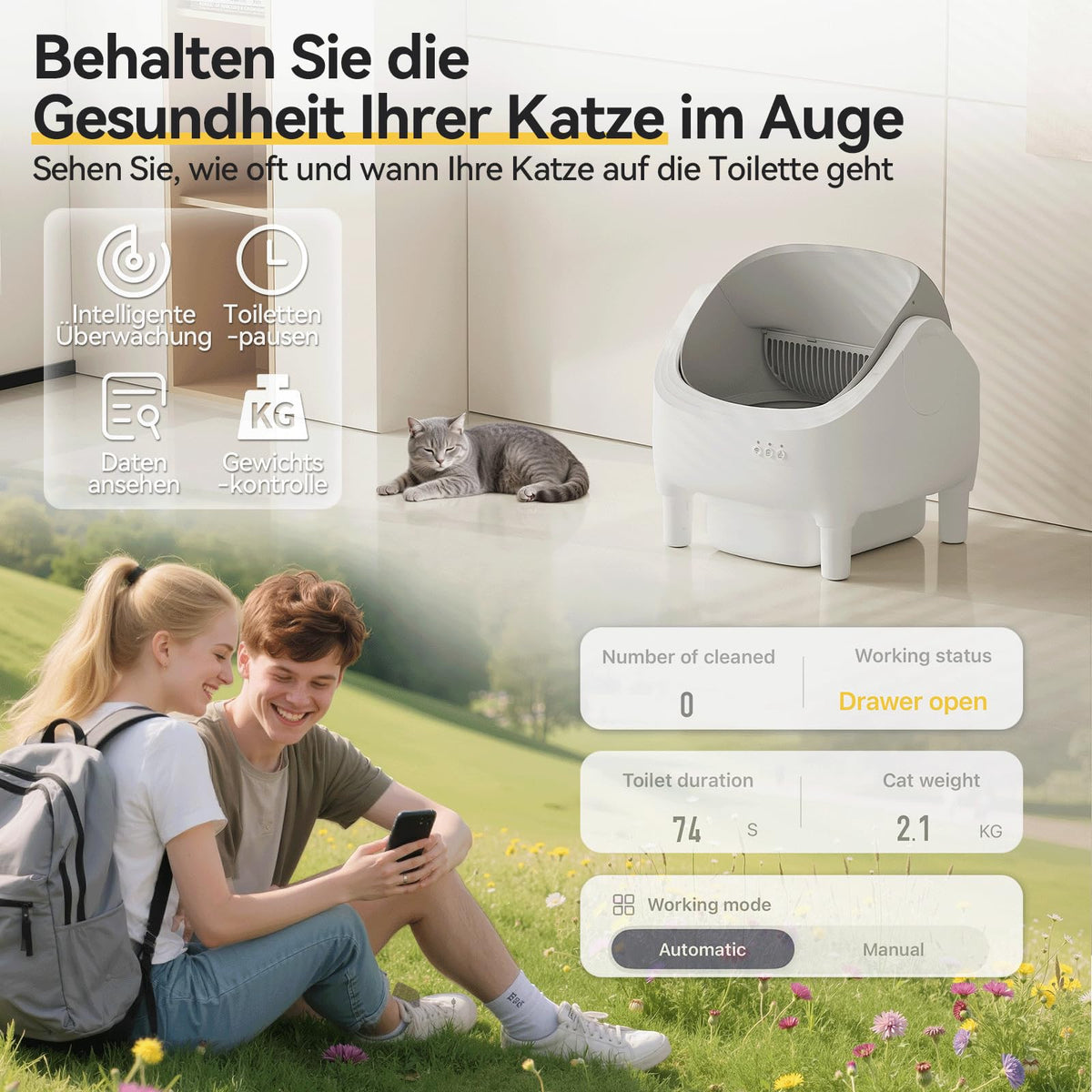 App-Ansicht mit Toilettendauer, Gewicht und Betriebsstatus