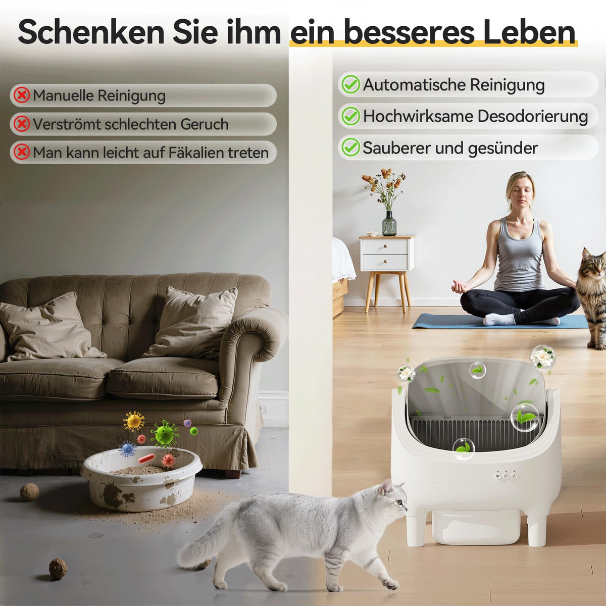 Darstellung von automatischer Reinigung und Geruchskontrolle