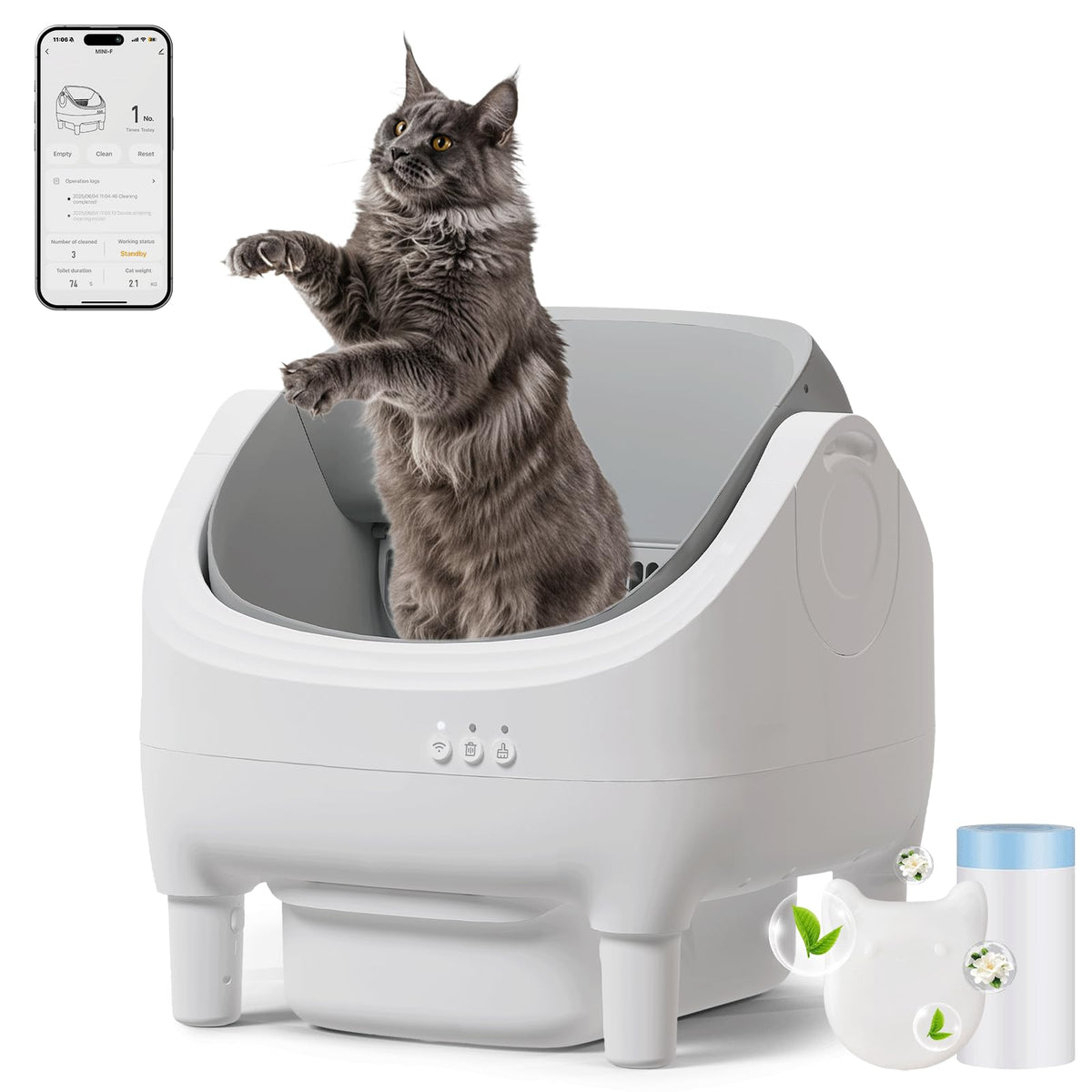 Offene selbstreinigende Katzentoilette in Weiß und Grau mit App-Ansicht