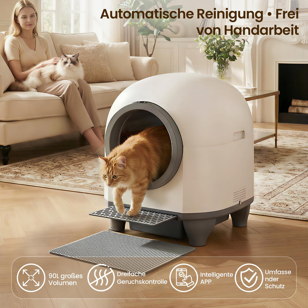 Weiße automatische Katzentoilette mit Katze im Wohnbereich
