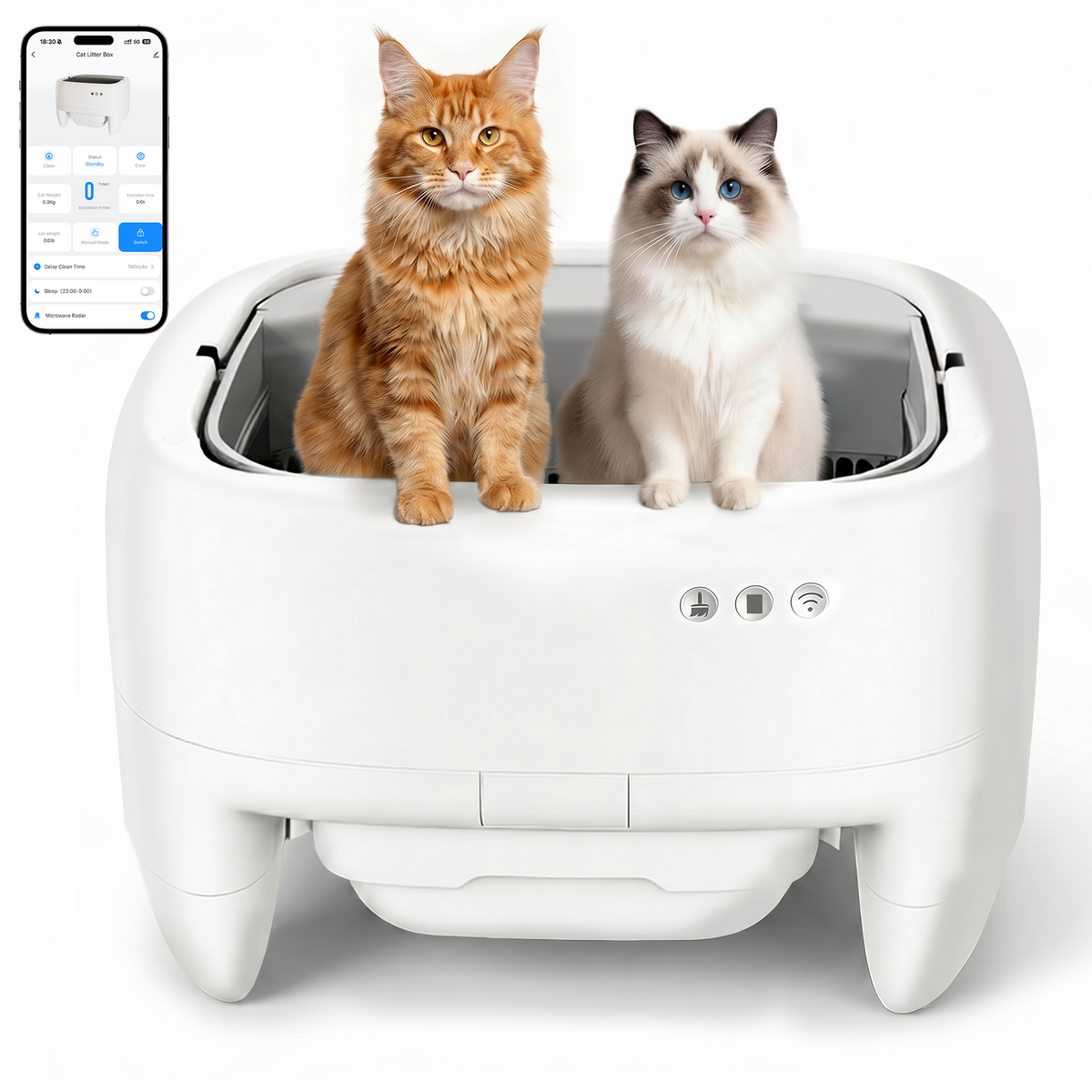 Leise selbstreinigende Katzentoilette mit Bio-Radar – oben offen