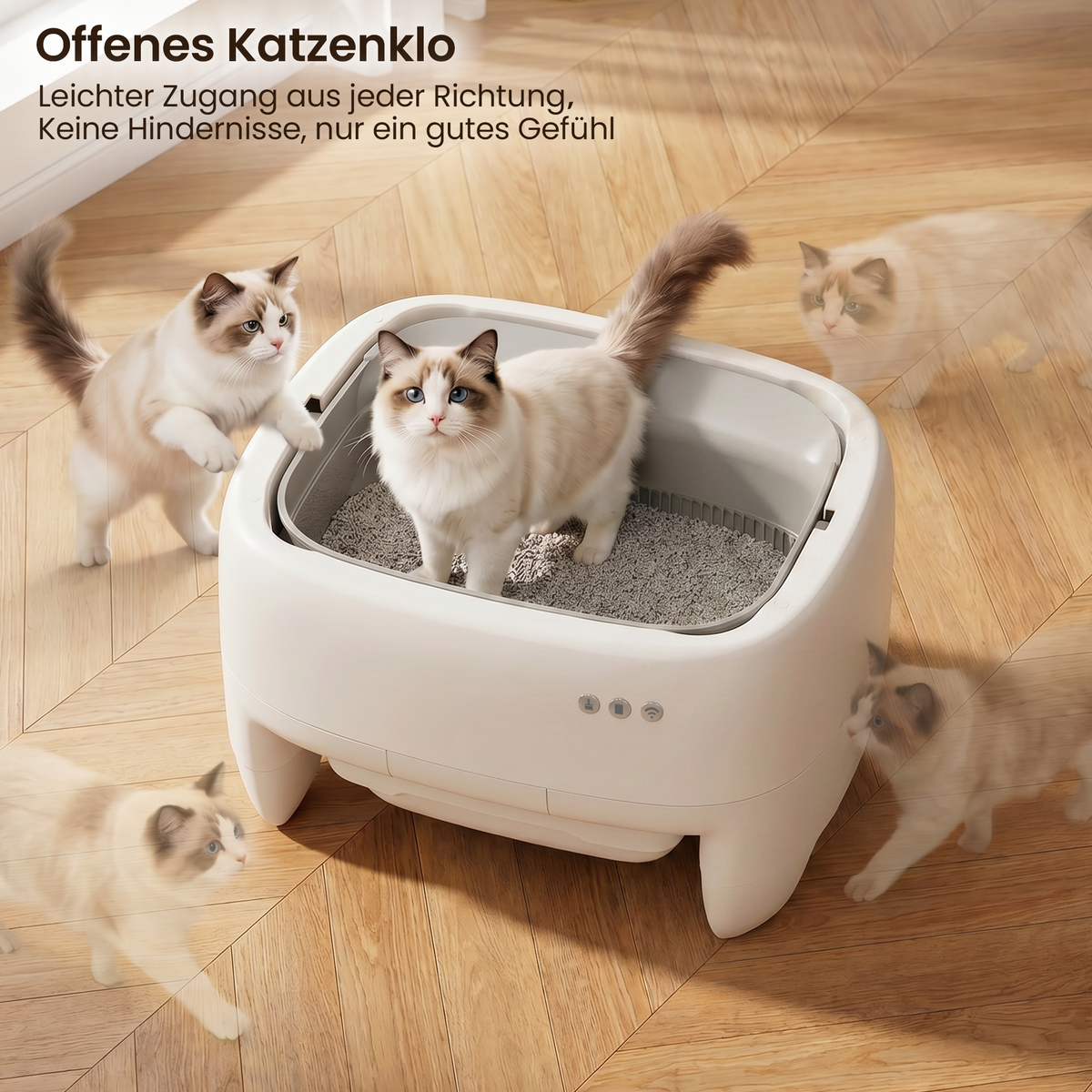 Leise selbstreinigende Katzentoilette mit Bio-Radar – oben offen