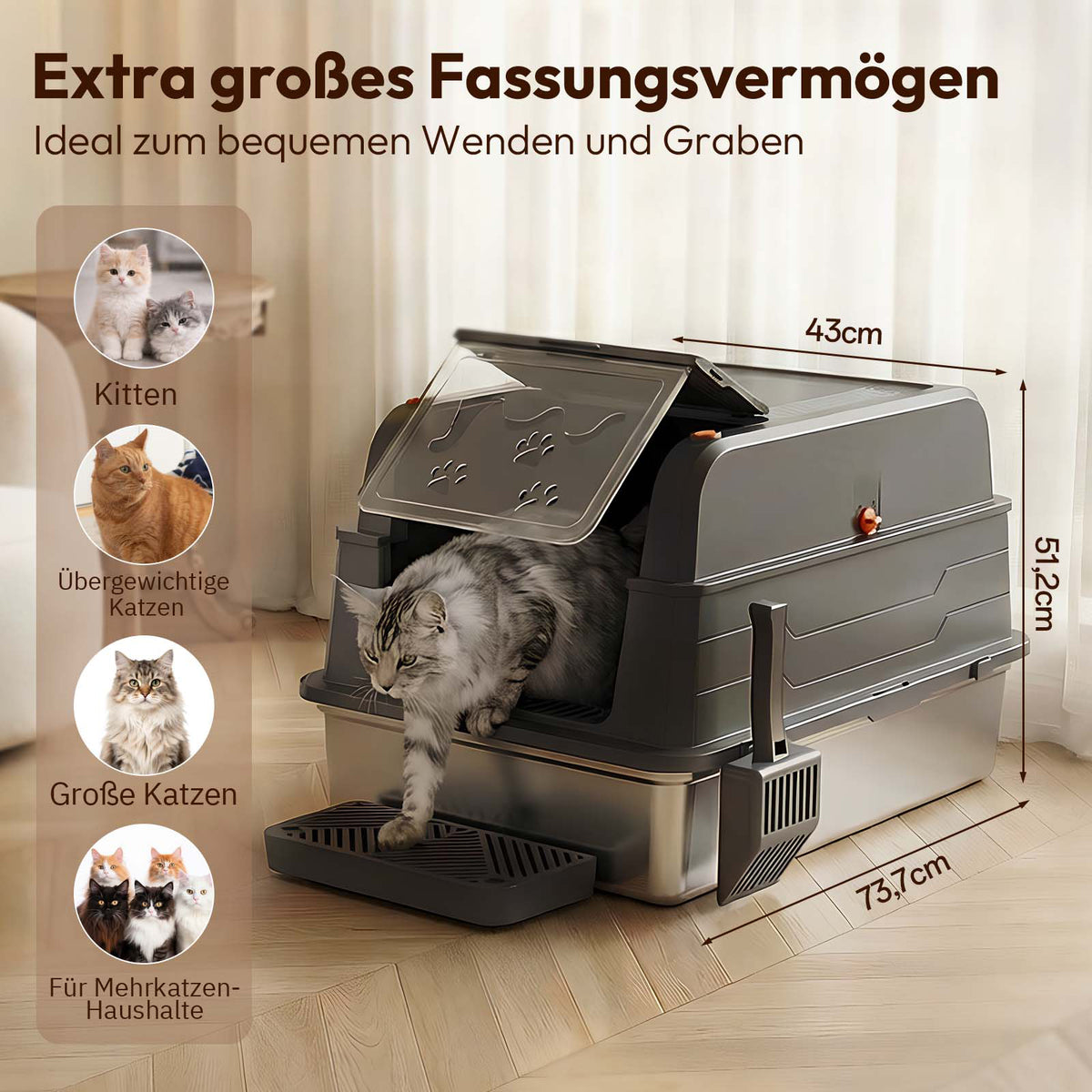XXL Edelstahl-Katzentoilette 3-in-1 mit Deckel & Aktivkohlefilter