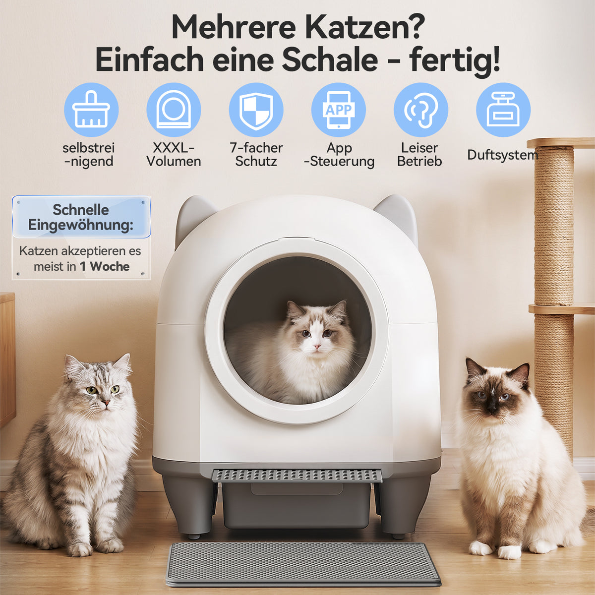 Selbstreinigende Katzentoilette 90 L mit 9-fach Sicherheitssystem