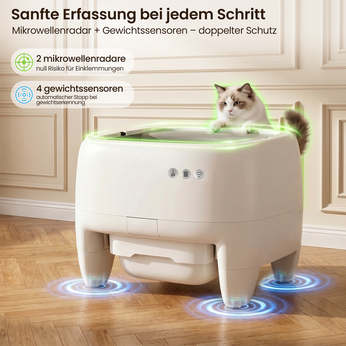 Leise selbstreinigende Katzentoilette mit Bio-Radar – oben offen