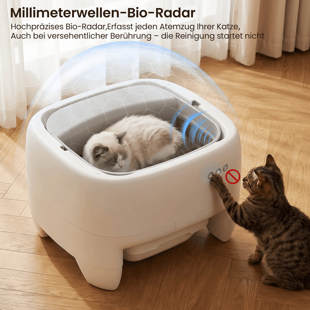 Leise selbstreinigende Katzentoilette mit Bio-Radar – oben offen