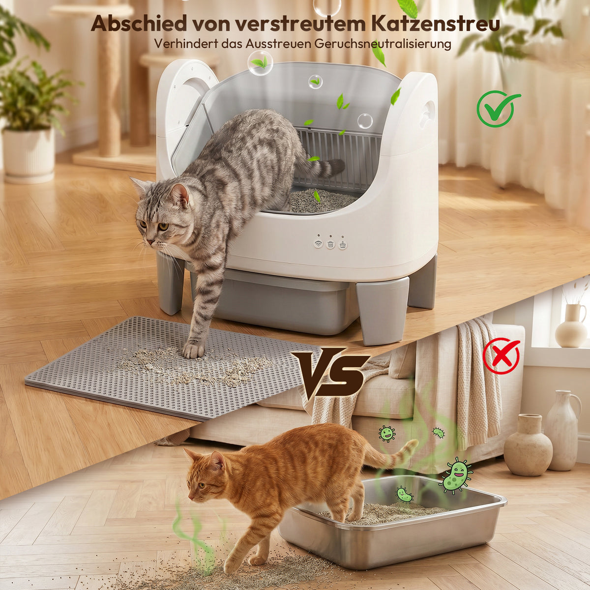 Offene selbstreinigende Katzentoilette mit App-Nutzungsübersicht
