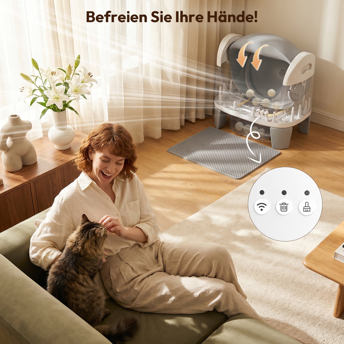 Offene selbstreinigende Katzentoilette mit App-Nutzungsübersicht