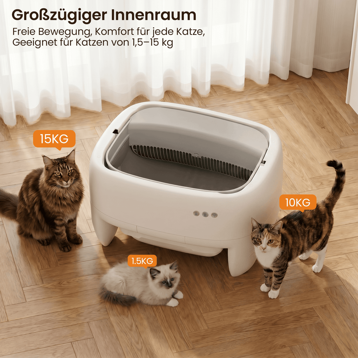 Leise selbstreinigende Katzentoilette mit Bio-Radar – oben offen