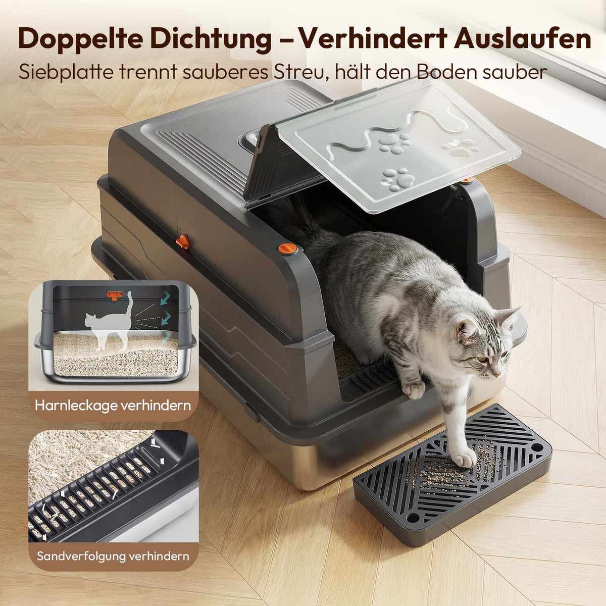 XXL Edelstahl-Katzentoilette 3-in-1 mit Deckel & Aktivkohlefilter