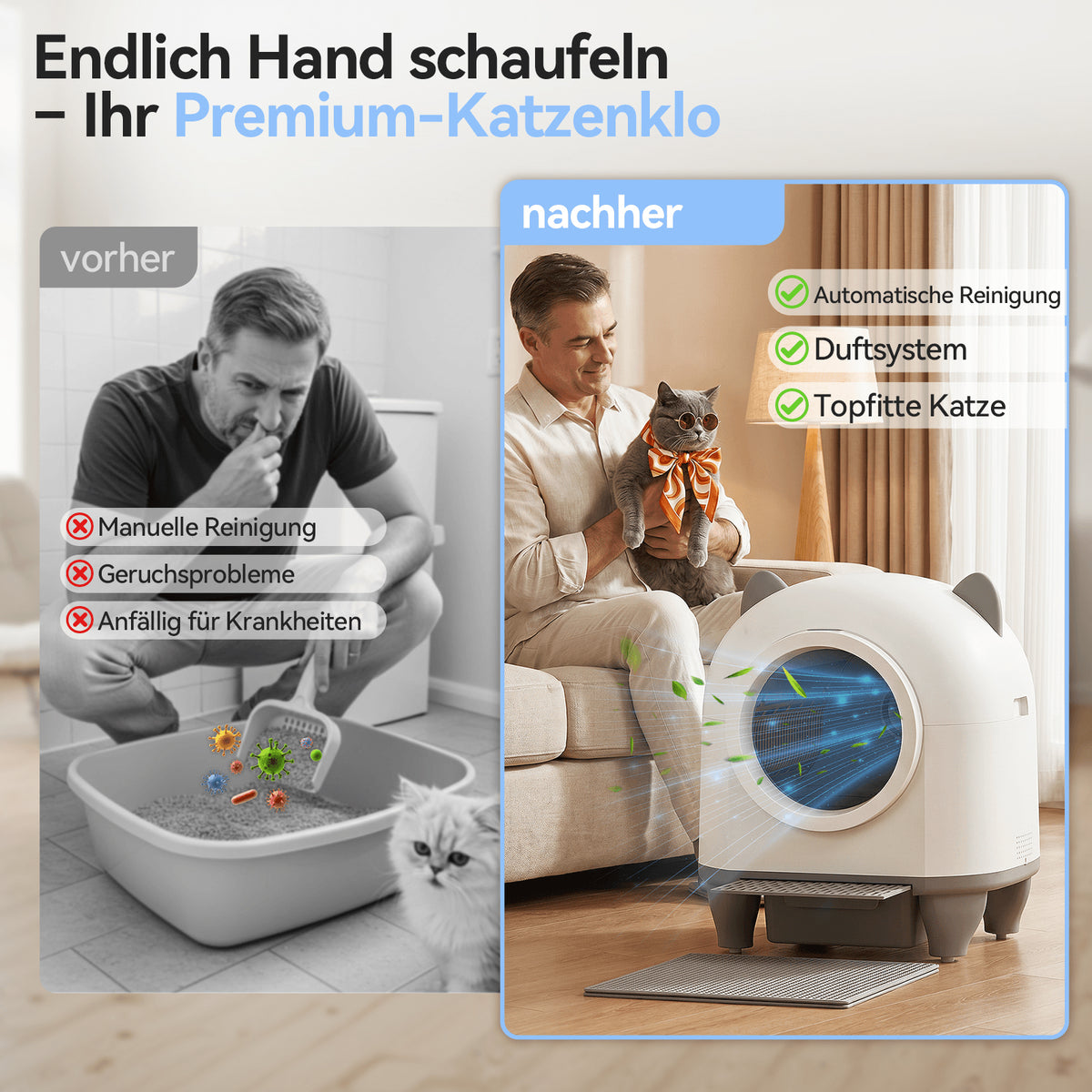 Selbstreinigende Katzentoilette 90 L mit 9-fach Sicherheitssystem