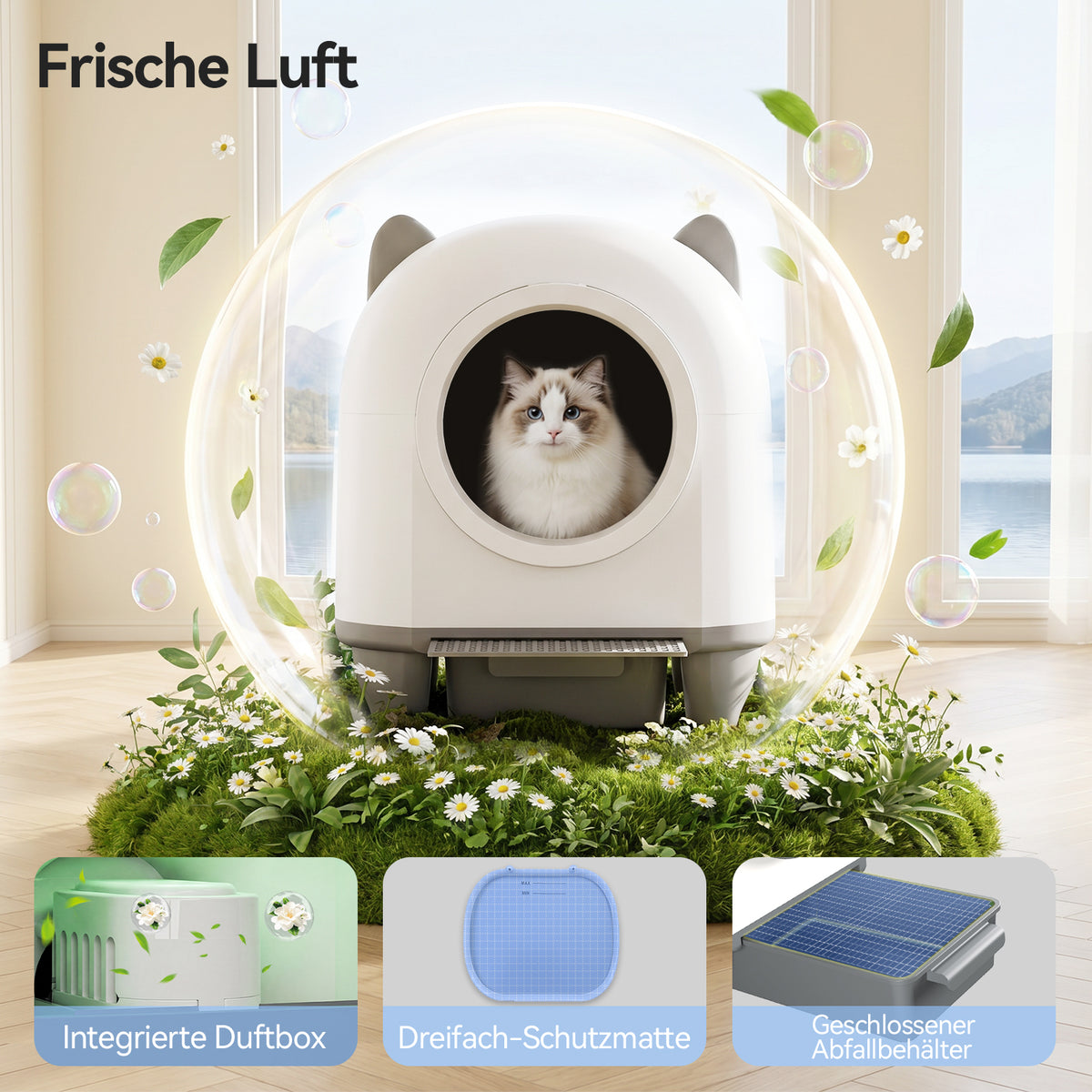 Selbstreinigende Katzentoilette 90 L mit 9-fach Sicherheitssystem