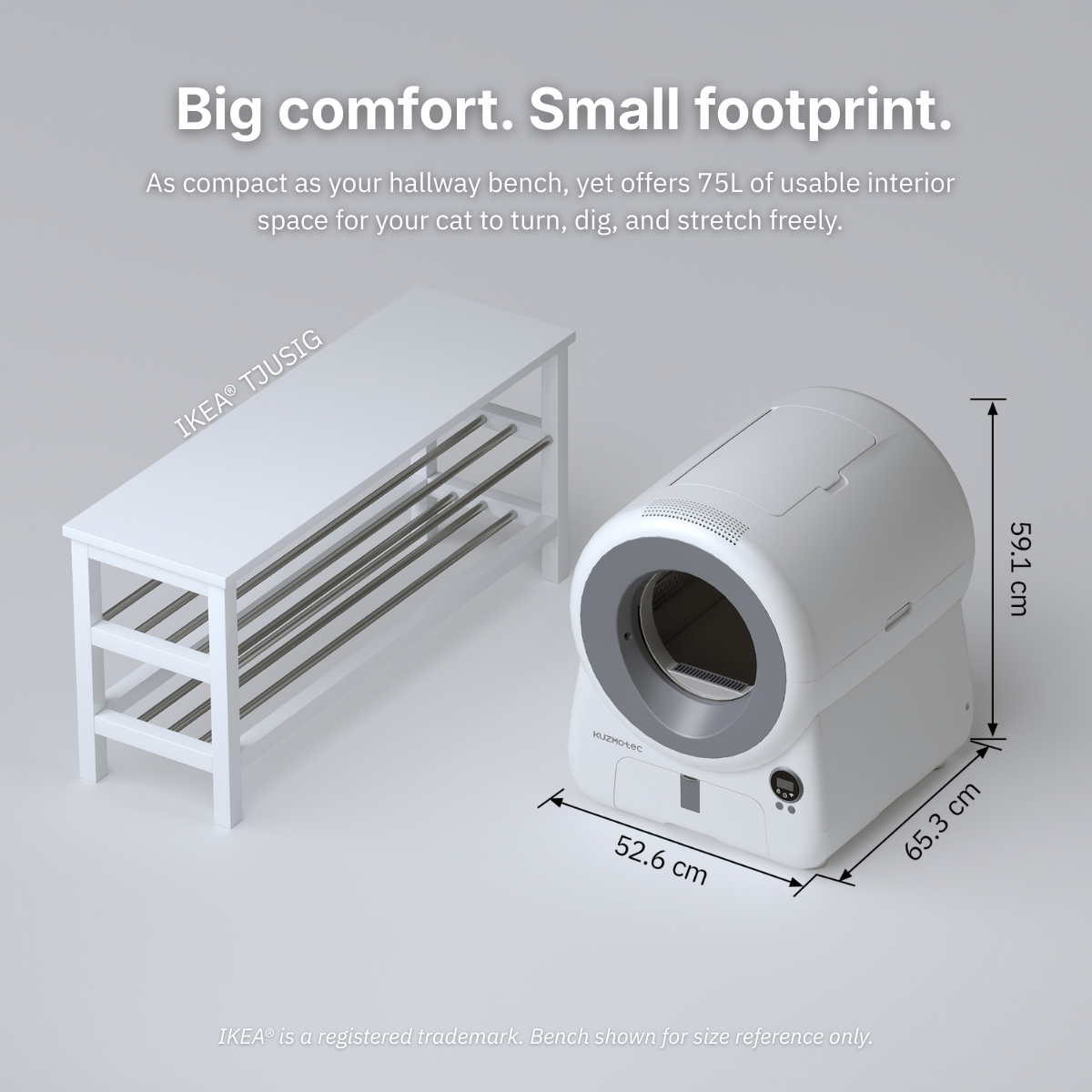 Smart Litter Box  cozyclean 1 Gray  Side View kuzmotec Dimensions