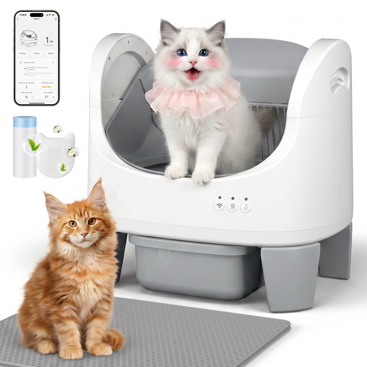 Offene selbstreinigende Katzentoilette mit App-Nutzungsübersicht