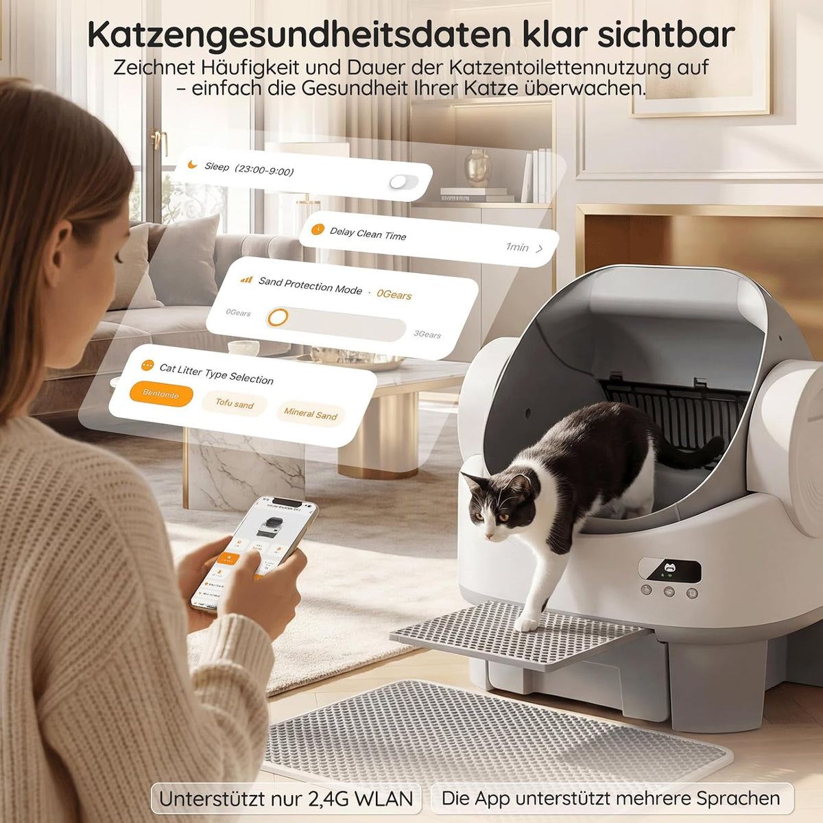 Halboffene selbstreinigende Katzentoilette mit App & Streuschutz
