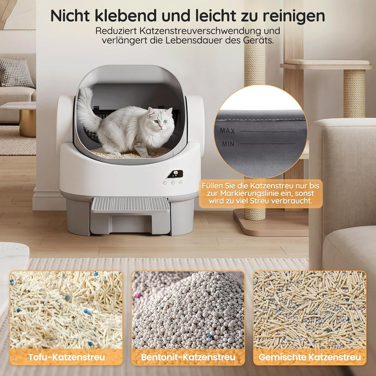 Halboffene selbstreinigende Katzentoilette mit App & Streuschutz