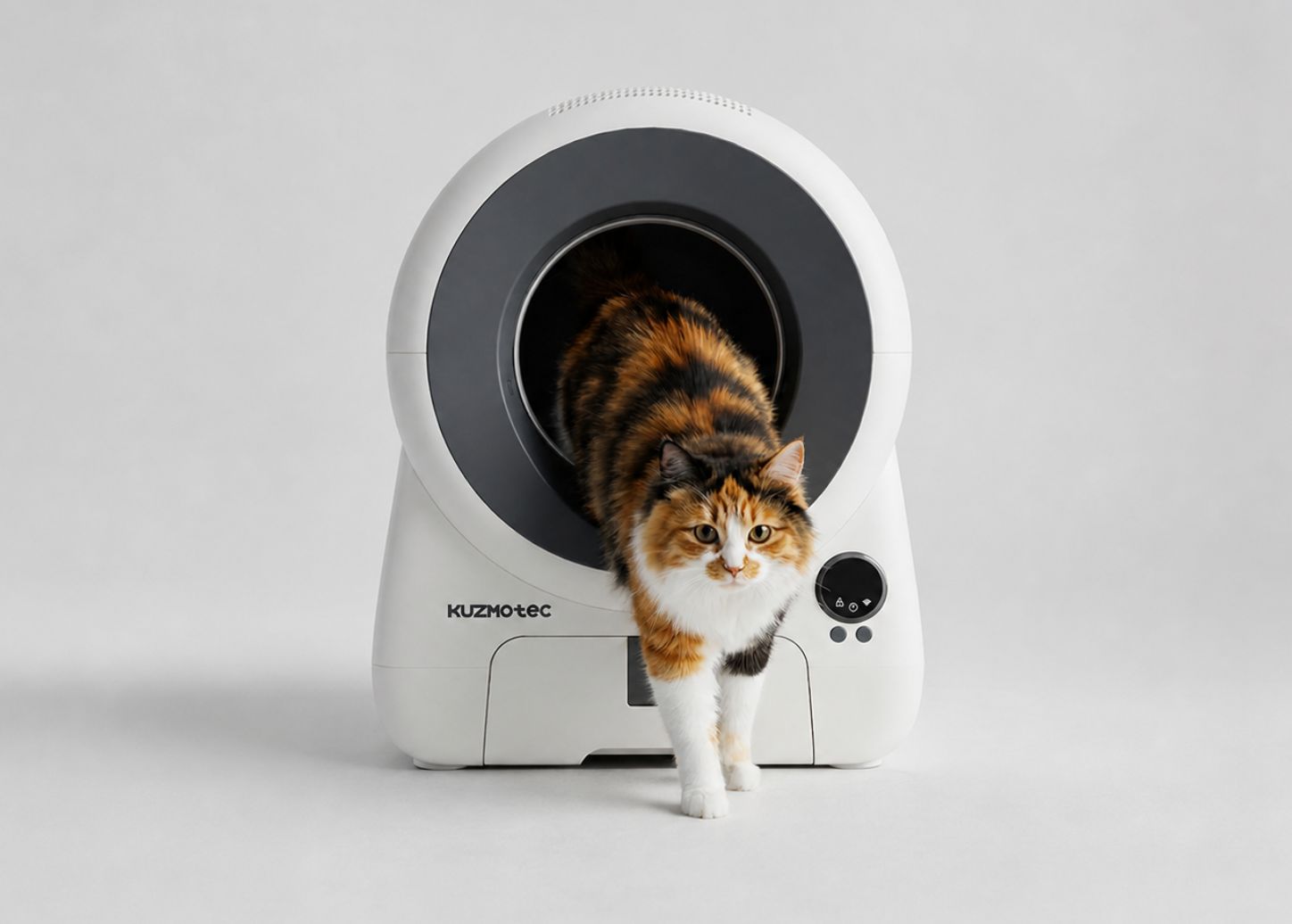 Katze steigt entspannt in die Charakat Bau selbstreinigende Katzentoilette ein 2
