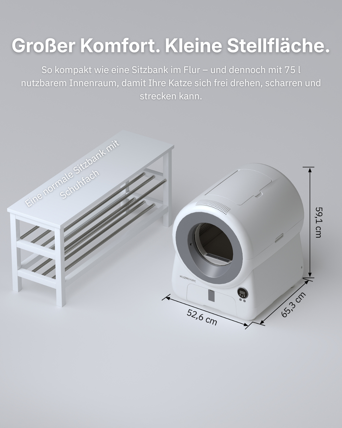 Maße der CozyClean 1 Katzentoilette – detaillierte Abmessungsgrafik
