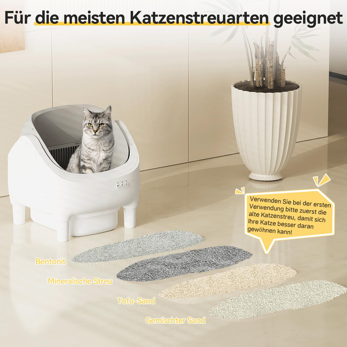 Dargestellte Streuarten: Bentonit, mineralische Streu, Tofu- und Mischstreu