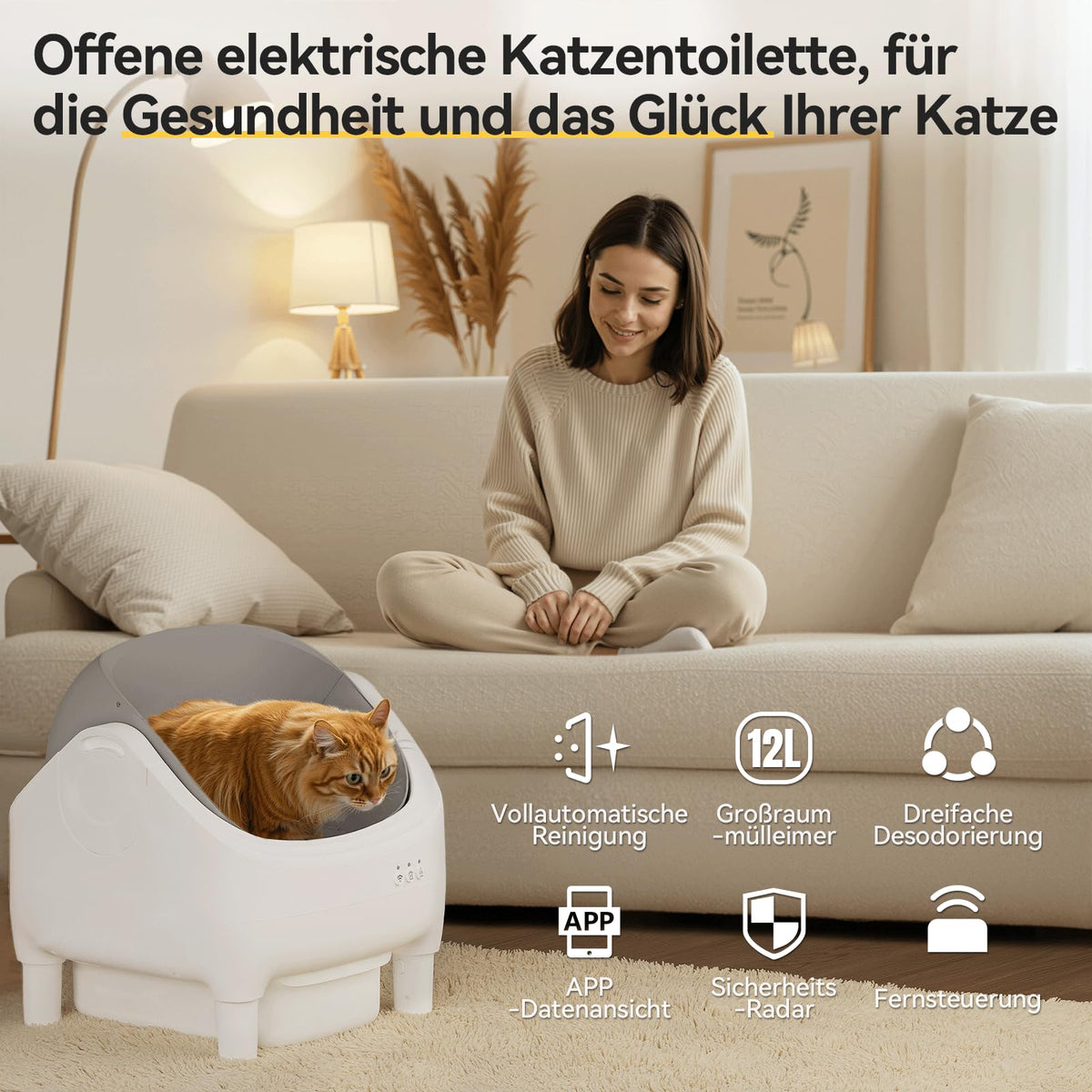 Übersicht der offenen elektrischen Katzentoilette und ihrer Funktionen