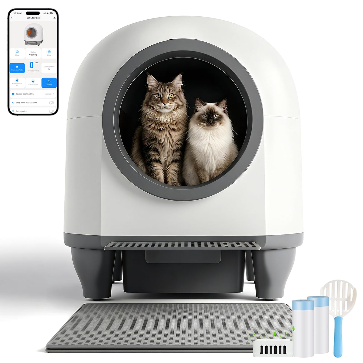 Selbstreinigende Katzentoilette in Weiß und Grau mit App-Ansicht und abgebildetem Zubehör