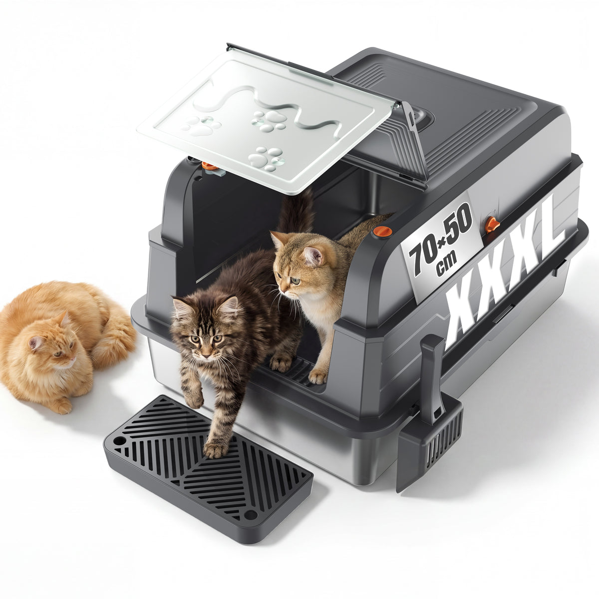 XXL Edelstahl-Katzentoilette 3-in-1 mit Deckel & Aktivkohlefilter