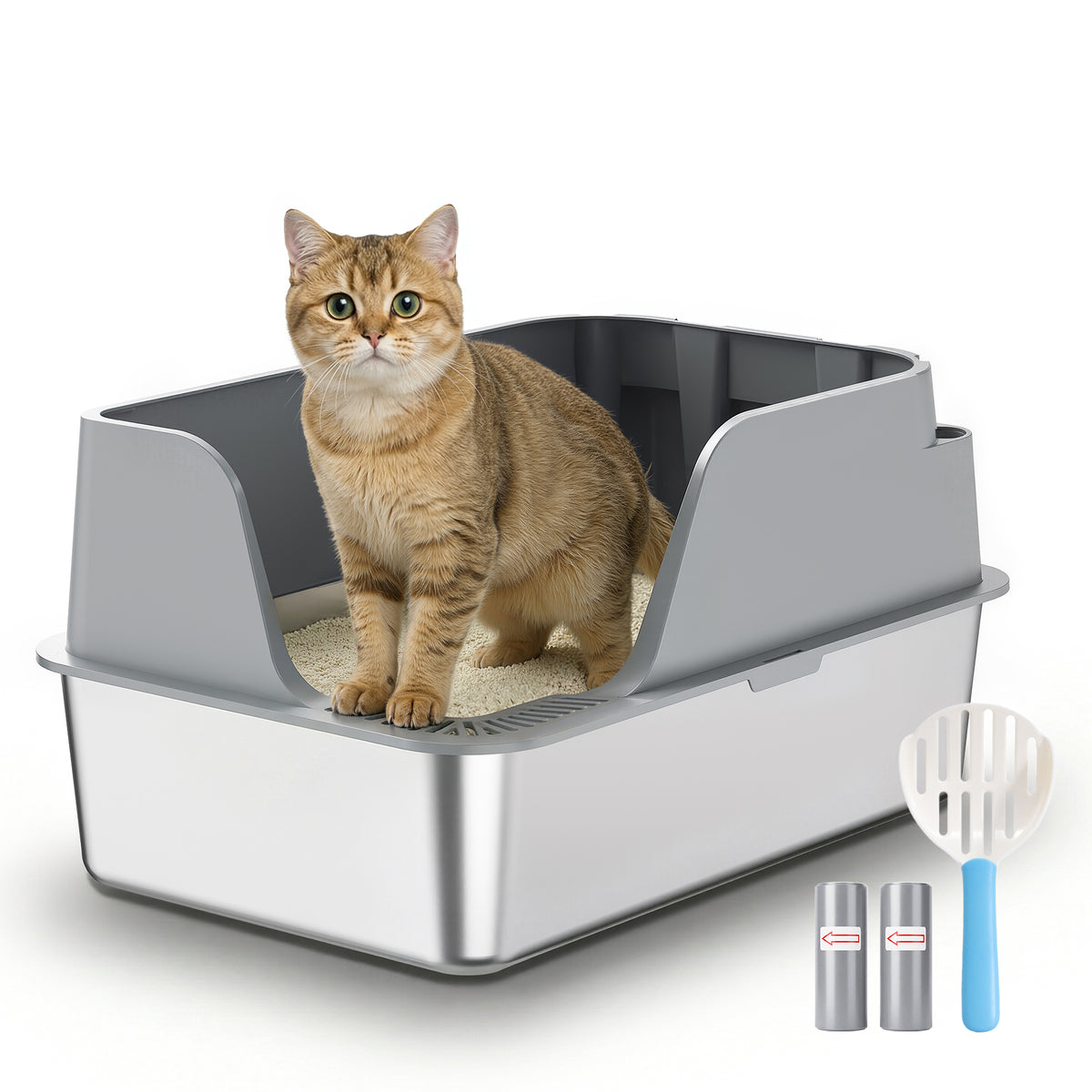 XXL Edelstahl-Katzentoilette mit hohem Rand – halbgeschlossen