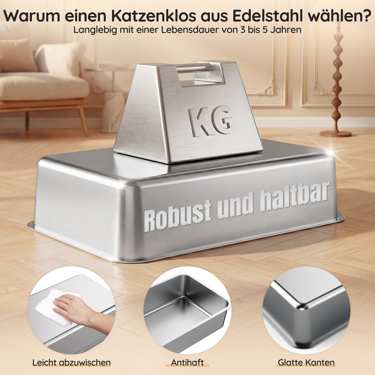 XXL Edelstahl-Katzentoilette mit hohem Rand – halbgeschlossen