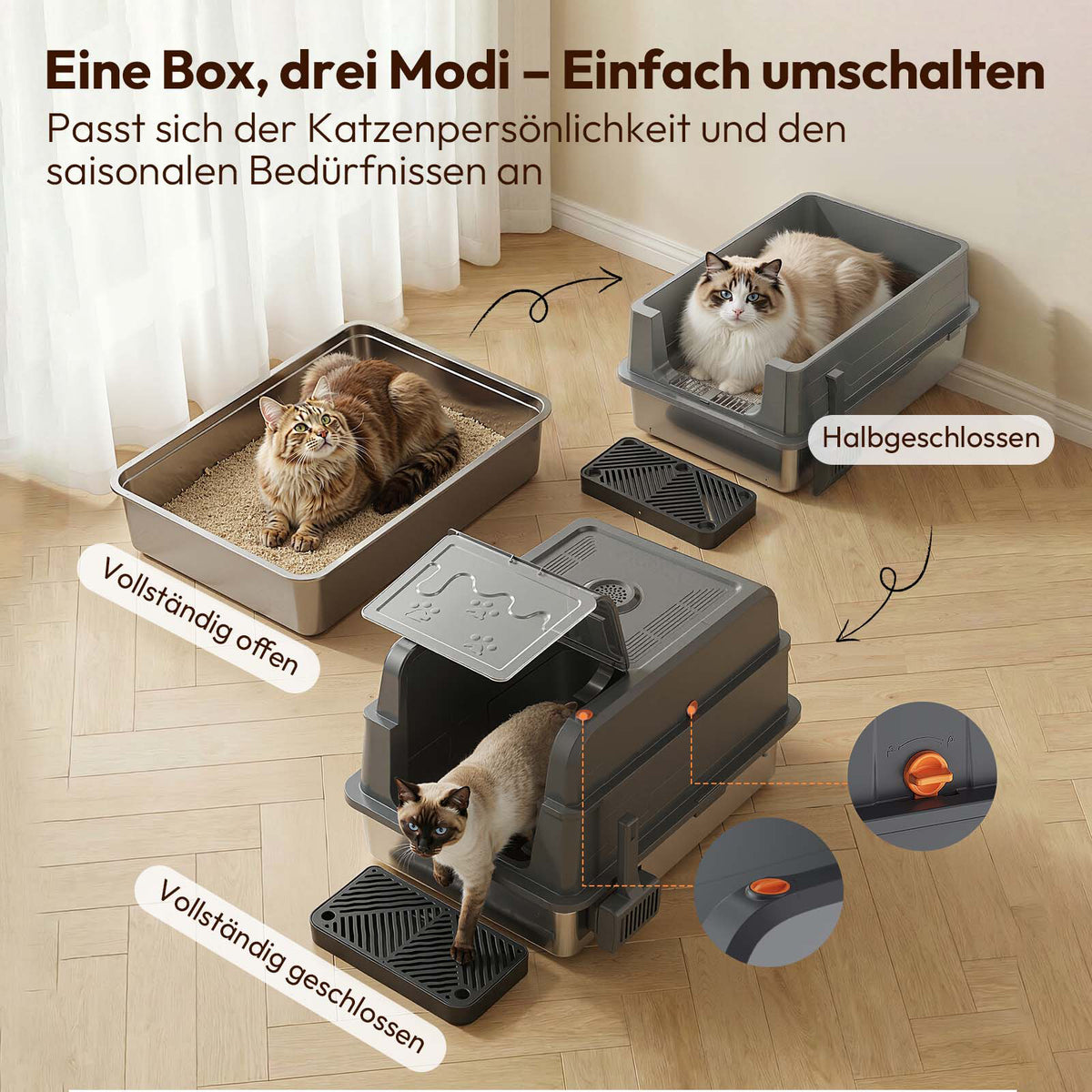 XXL Edelstahl-Katzentoilette 3-in-1 mit Deckel & Aktivkohlefilter