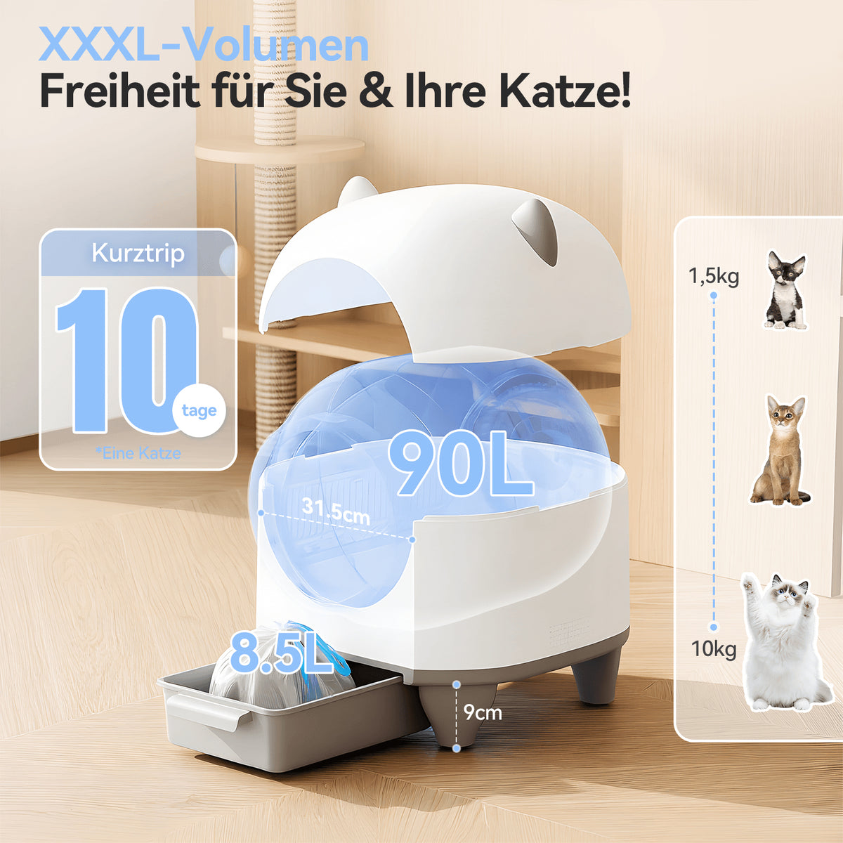 Selbstreinigende Katzentoilette 90 L mit 9-fach Sicherheitssystem