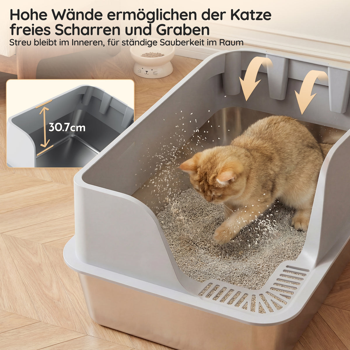 XXL Edelstahl-Katzentoilette mit hohem Rand – halbgeschlossen