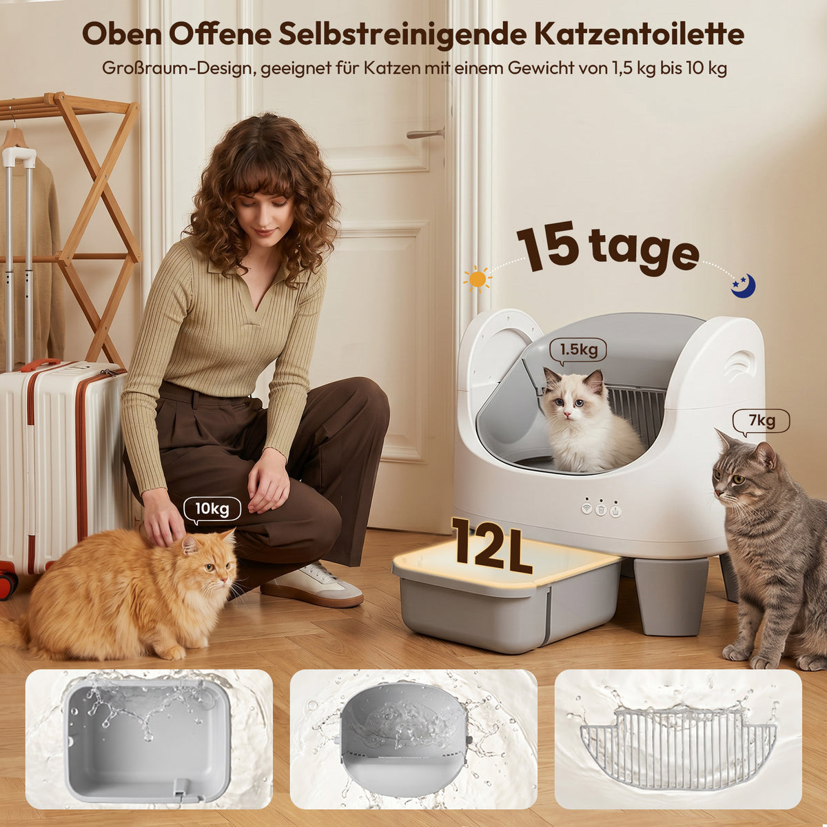 Offene selbstreinigende Katzentoilette mit App-Nutzungsübersicht