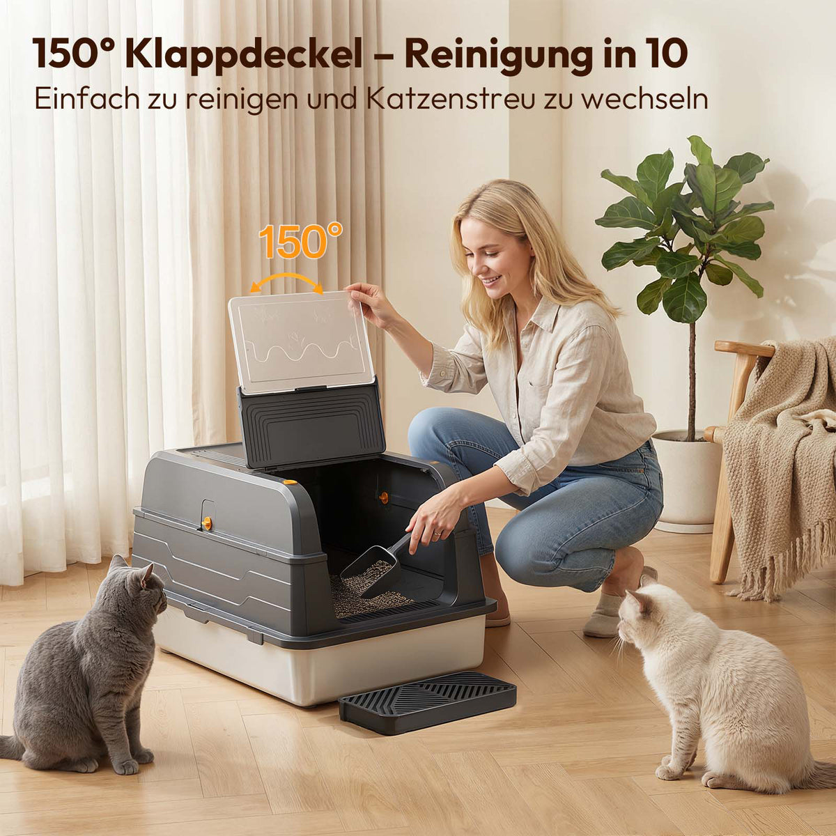 XXL Edelstahl-Katzentoilette 3-in-1 mit Deckel & Aktivkohlefilter