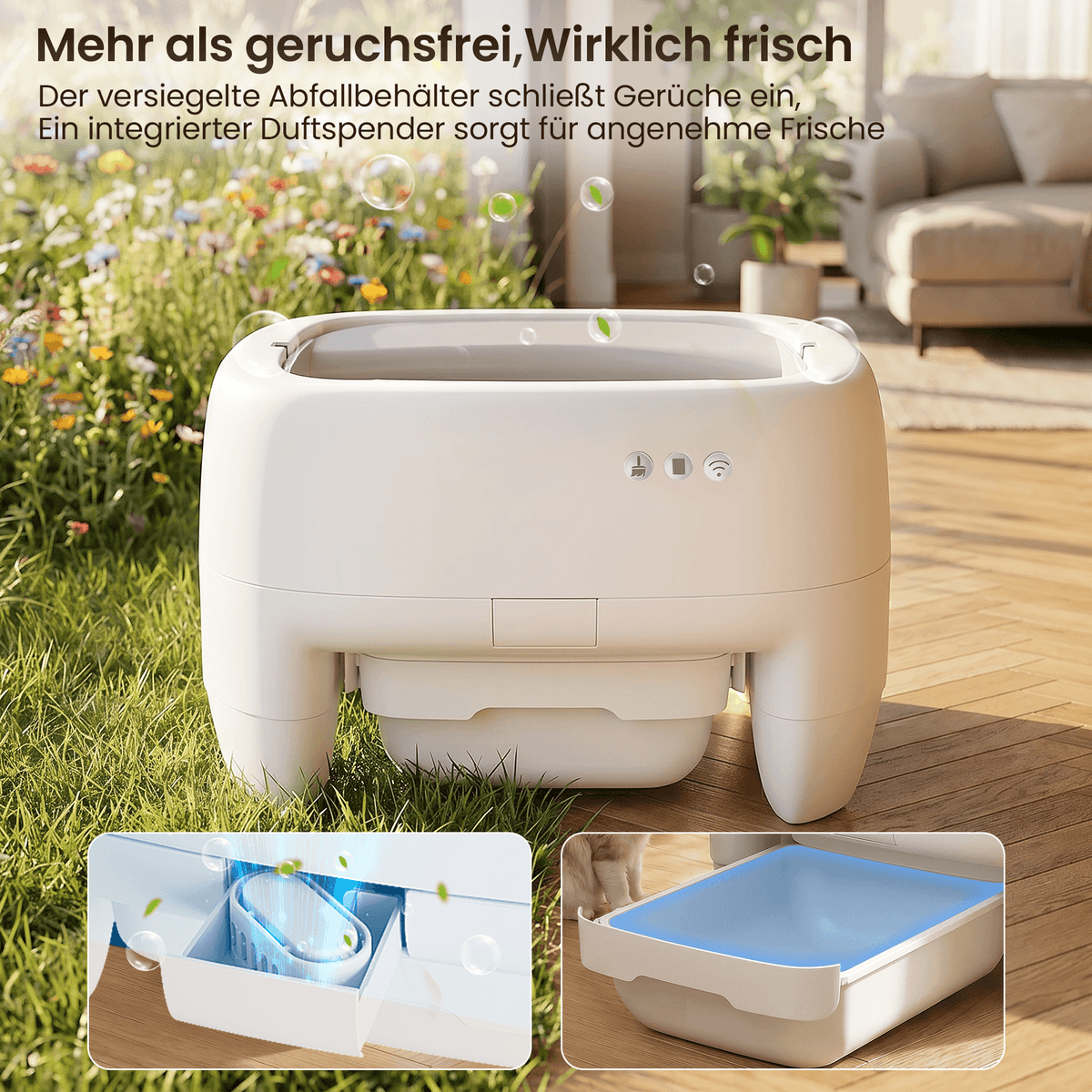 Leise selbstreinigende Katzentoilette mit Bio-Radar – oben offen