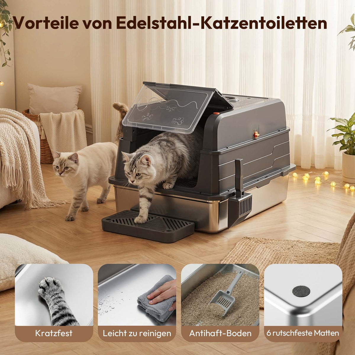 XXL Edelstahl-Katzentoilette 3-in-1 mit Deckel & Aktivkohlefilter