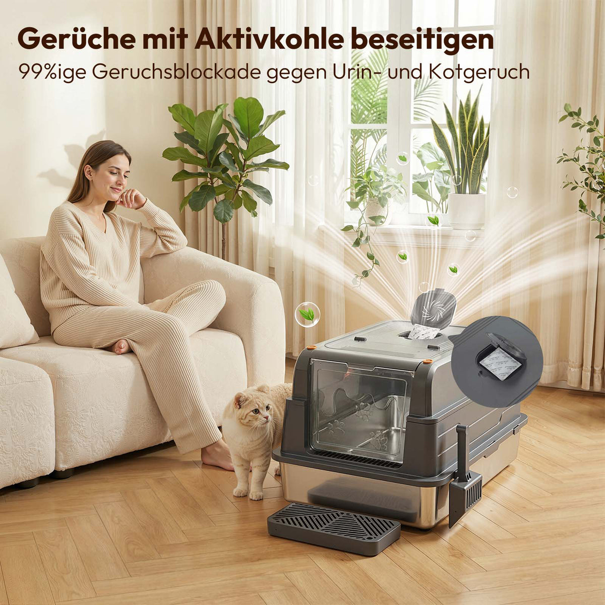 XXL Edelstahl-Katzentoilette 3-in-1 mit Deckel & Aktivkohlefilter