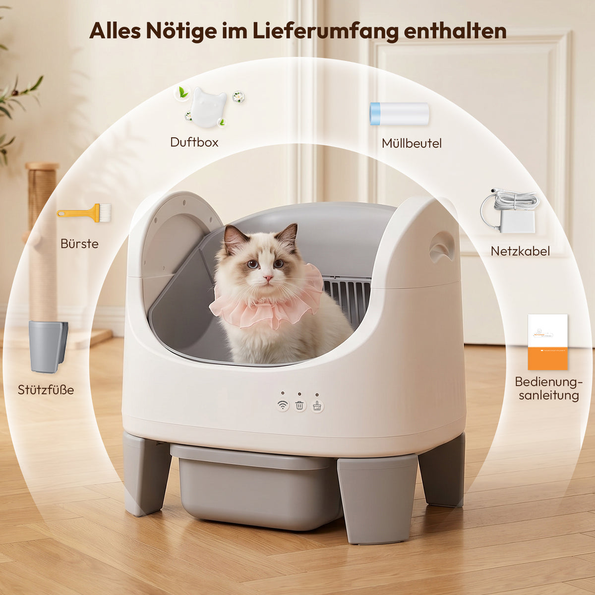 Offene selbstreinigende Katzentoilette mit App-Nutzungsübersicht