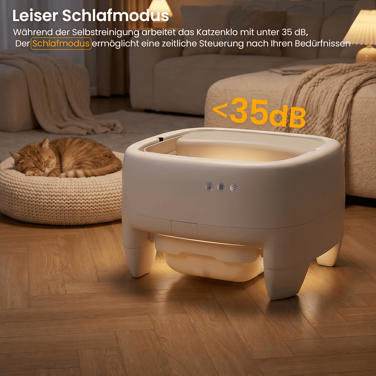 Leise selbstreinigende Katzentoilette mit Bio-Radar – oben offen